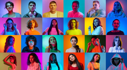 Naklejka na ściany i meble Collage of faces of emotional people of diverse gender, age and race on multicolored backgrounds in neon light. Concept of emotions, human rights and equality, youth, lifestyle, ad