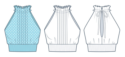 Halter Top technical fashion illustration, fashion design. Women's Blouse, Tie Top fashion flat drawing template, off shoulder, rib waistband, front and back view, white and blue, women CAD mockup set