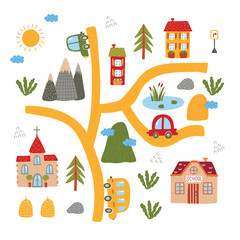 Cute premade childish city map colorful vector illustration