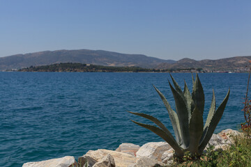 beautiful view on the sea and mountains on sunny day