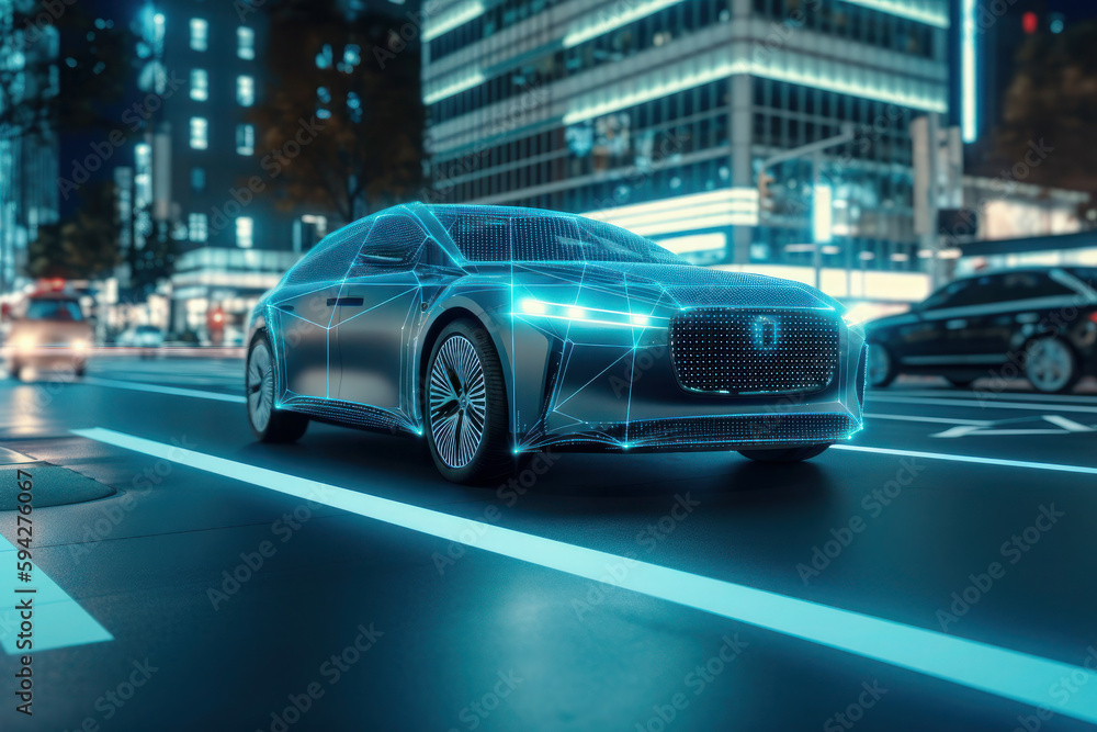 Wall mural car management system using augmented reality technology, future concept. scanning the road with sen