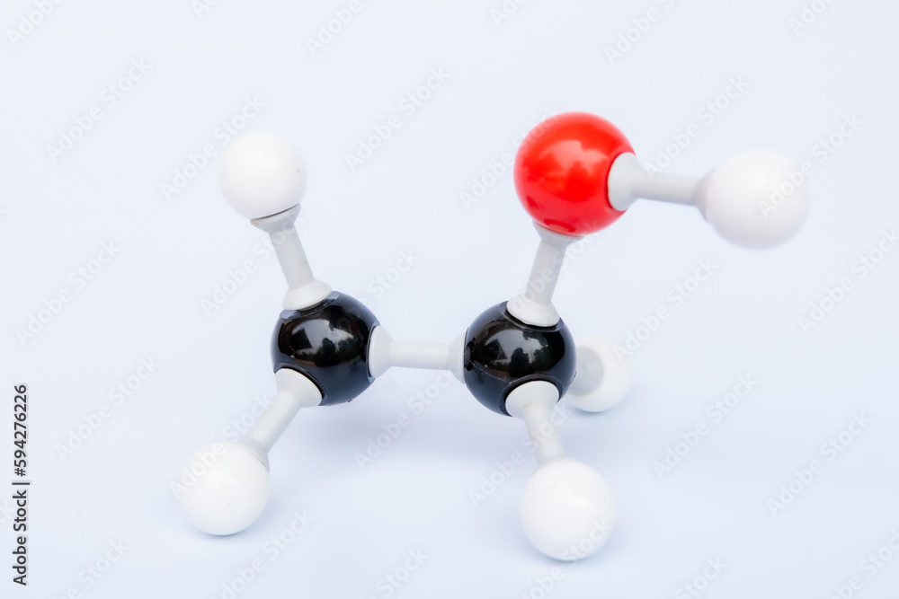 Wall mural Ethanol molecular structure isolated on white background. Chemical formula is C2H5OH, Chemistry molecule model for education on white background