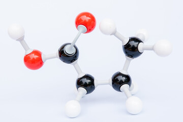  Butanoic acid molecular structure isolated on white background. Chemical formula is C4H8O2., Chemistry molecule model for education on white background