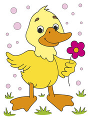 Coloring page outline of cartoon smiling cute duck with a flower. Colorful vector illustration, summer coloring book for kids.