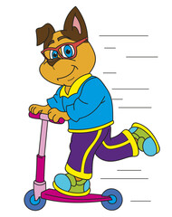 Coloring page outline of cartoon smiling cute dog on a scooter. Colorful vector illustration, summer coloring book for kids.
