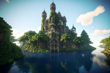 Fototapeten Jungle's castle on the lake. Minecraft. Generative AI © Daniel