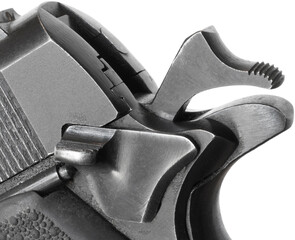 Hammer cocked and safety engaged on a pistol