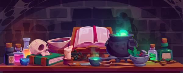 Alchemist table in witch house cartoon background. Old laboratory room for magician game illustration. Skull, elixir in bottle with cork, tree branch and cauldron with poison in wizard lab dungeon.