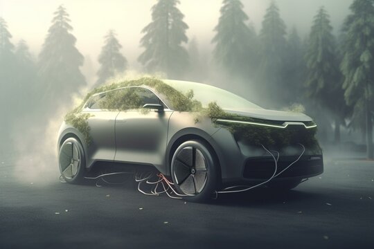 Electric vehicle and environmental concepts, Air pollution and climate change, 3D illustrations rendering. Generative AI