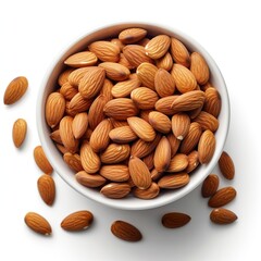 Almond nuts in white bowl isolated on white background. Ingredient, recipe. 
