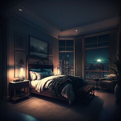 Luxury penthouse bedroom at night generative ai