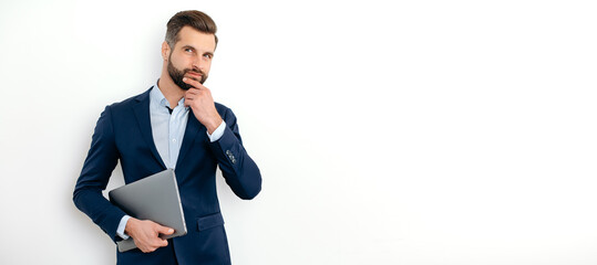 Panoramic photo of successful caucasian businessman, seo, executive, broker, financial adviser,...