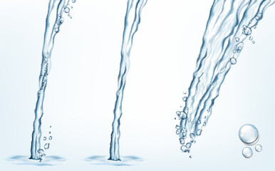 Collection of transparent realistic vector  water jet streams and splashes on light background