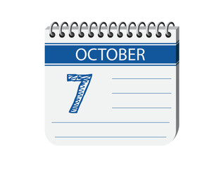 7 october calendar notebook page vector. 3d one day calendar date, appointment, event reminder illustration. Abstract three dimensional daily date appointment, agenda, event calendar.
