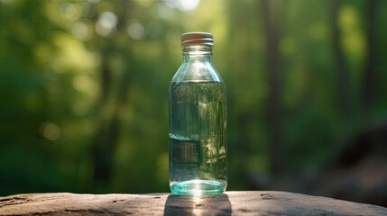 Obraz na płótnie Canvas A bottle of drinking water stands on a blur green nature
