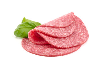 Thin salami sausage slices, isolated on white background.