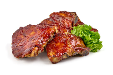 Delicious barbecued spare ribs. Tasty bbq meat, isolated on white background.