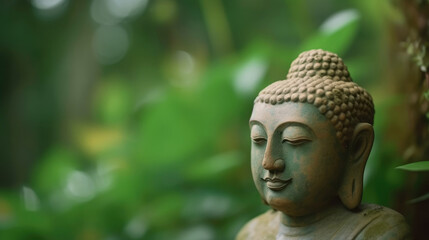 Buddhas face on green nature tree bokeh background