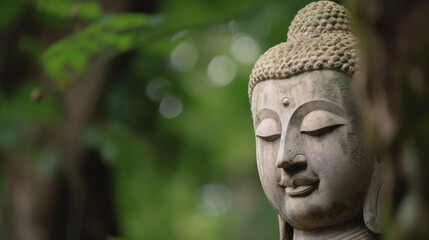 Buddhas face on green nature tree bokeh background