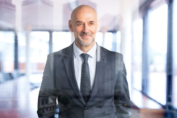 Mid aged exeutive businessman wearing suit and tie while standing at the office