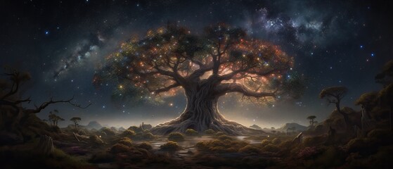 Obraz na płótnie Canvas Majestic tree in a Surreal Landscape. Ultrawide. Generative AI