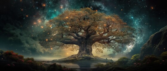 Majestic tree in a Surreal Landscape. Ultrawide. Generative AI