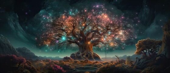 Majestic tree in a Surreal Landscape. Ultrawide. Generative AI