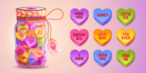 Valentine conversation heart candy in glass jar cartoon valentine day illustration. Pink, purple and blue romance sugar treat with romance message note. Isolated confectionery with prediction.
