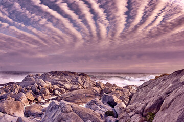 Dreamy beach. Ocean view - Camps Bay, Table Mountain National Park, Cape Town, South AfricaBeach, sunshine and clouds.