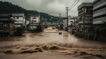 Fototapeta premium Flooding muddy water in city caused massive damage by heavy rain