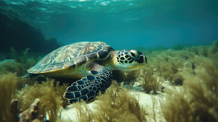 Fototapeta na wymiar Hawksbill turtle eating sea grass from sandy underwater bottom with Generative AI Technology