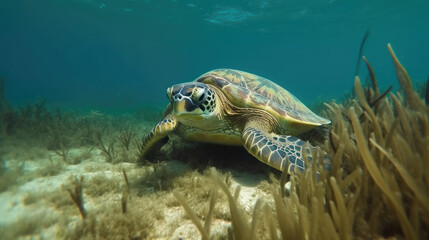Obraz na płótnie Canvas Hawksbill turtle eating sea grass from sandy underwater bottom with Generative AI Technology