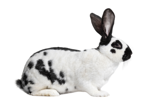 Side view of a Checkered Giant rabbit, isolated on white