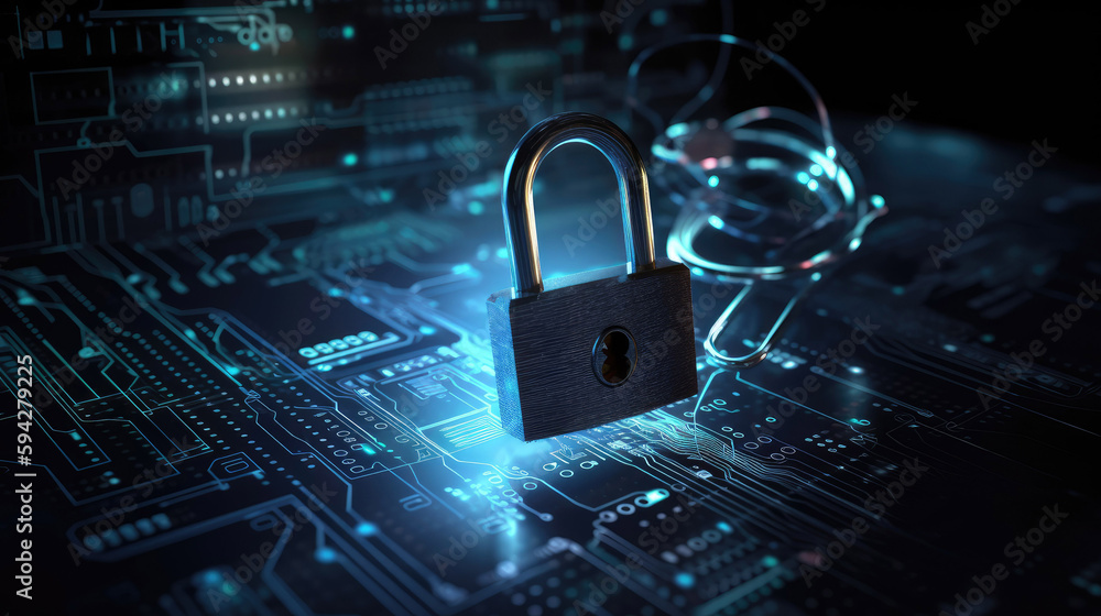 Wall mural monitor digital closed padlock on digital data safety with generative ai technology
