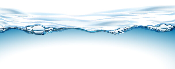 Transparent realistic vector mineral water line on light background. Water surface with drops and bubbles.  - 594279249