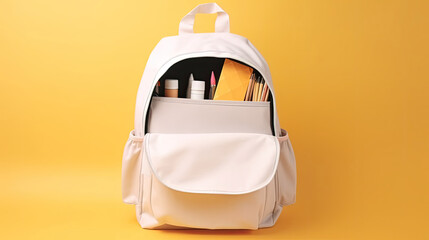 Opened School backpack with stationery on yellow bag with Generative AI Technology - obrazy, fototapety, plakaty