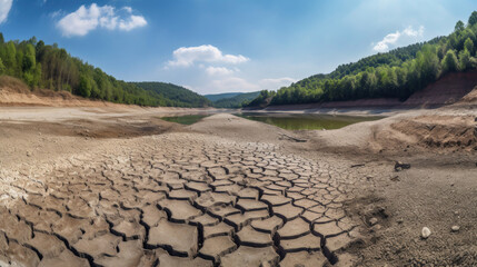 Panoramic view of cracked earth bottom of desolate land with Generative AI Technology
