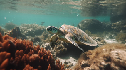 Naklejka na ściany i meble Sea turtle in coral landscape Exotic marine wild life underwater with Generative AI Technology