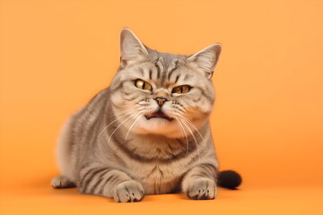 Obraz premium silly expression tabby cat isolated on orange studio background, made with generative ai 