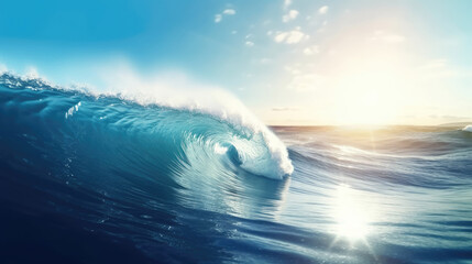 Surfing wave in Blue ocean crest Sea water with sun over blue sky background with Generative AI Technology - obrazy, fototapety, plakaty