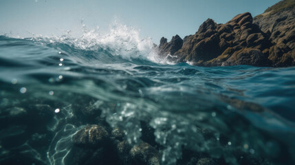 Fototapeta na wymiar underwater scenery of rock splash foam and waves with Generative AI Technology