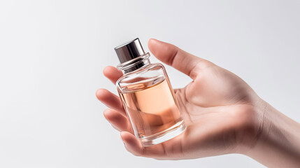 Womens hand with transparent cosmetic bottle isolated background with Generative AI Technology