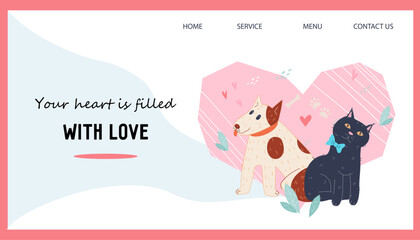 Website banner design for veterinary clinic or animal shelter, pet shop website interface. Web banner with cute dog and cat, flat cartoon vector illustration.