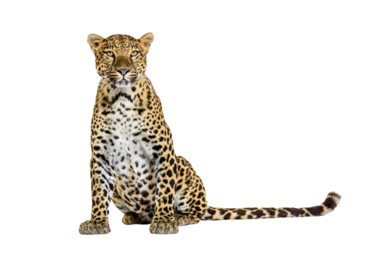 Spotted leopard standing in front and facing at the camera, isolated on white