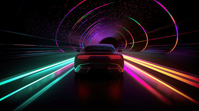 Sports Car Driving at a high speed colorful tunnel 3D illustration style with Generative AI Technology