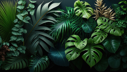 Naklejka na ściany i meble Vertical garden with tropical green leaf, contrast ai generated