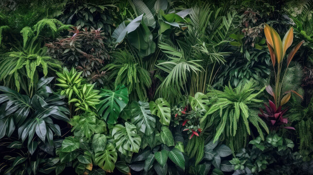 Vertical garden with tropical green leaf, contrast ai generated