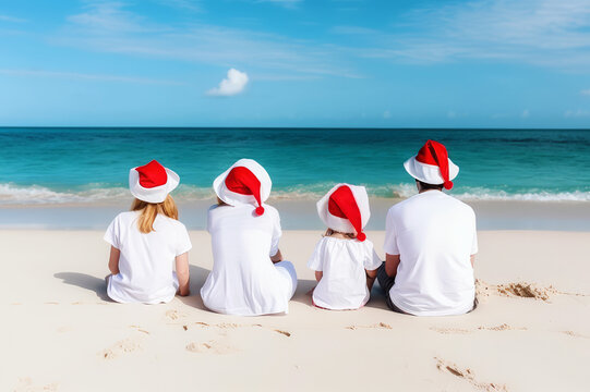 family with children in red santa hats sitting on tropical beach celebrating christmas holidays. generative AI