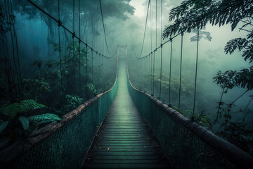 Fototapeta premium Suspension Bridge In The Green Misty Jungle - Generative AI