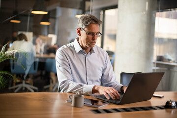 Fototapeta premium Businessman working with laptop at office. Businessman sitting at office desk working on laptop computer